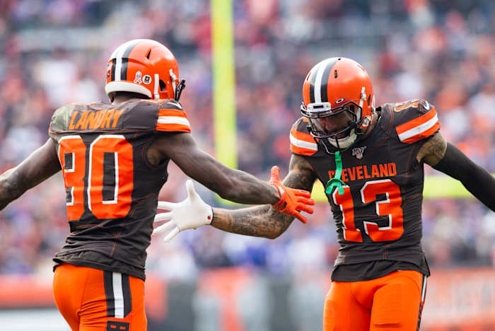 Browns wide receiver Jarvis Landry (80) celebrates with wide receiver Odell Beckham (13) after scoring a touchdown during a 2019 game against the Bills.